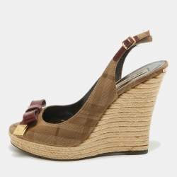 Burberry Brown/Red Canvas and Leather Slingback Wedge Sandals Size 37
