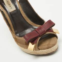 Burberry Brown/Red Canvas and Leather Slingback Wedge Sandals Size 37