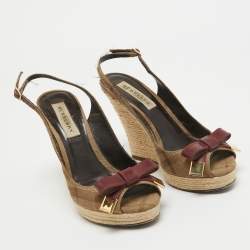 Burberry Brown/Red Canvas and Leather Slingback Wedge Sandals Size 37