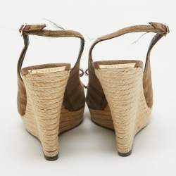 Burberry Brown/Red Canvas and Leather Slingback Wedge Sandals Size 37