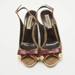 Burberry Brown/Red Canvas and Leather Slingback Wedge Sandals Size 37