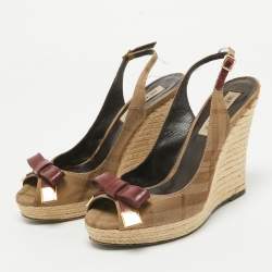 Burberry Brown/Red Canvas and Leather Slingback Wedge Sandals Size 37