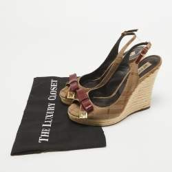 Burberry Brown/Red Canvas and Leather Slingback Wedge Sandals Size 37