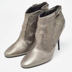 Burberry Grey Leather and Velvet Buckle Detail Round Toe Ankle Boots Size 40