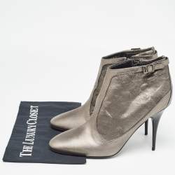 Burberry Grey Leather and Velvet Buckle Detail Round Toe Ankle Boots Size 40