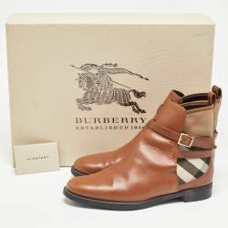 Burberry Brown Leather and Check Canvas Buckle Detail Ankle Boots Size 39