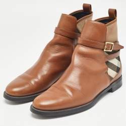 Burberry Brown Leather and Check Canvas Buckle Detail Ankle Boots Size 39