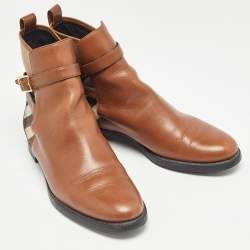 Burberry Brown Leather and Check Canvas Buckle Detail Ankle Boots Size 39