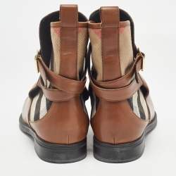 Burberry Brown Leather and Check Canvas Buckle Detail Ankle Boots Size 39