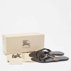 Burberry Black Leather and Canvas Masie Belted Check Thong Sandals Size 40