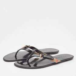Burberry Black Leather and Canvas Masie Belted Check Thong Sandals Size 40