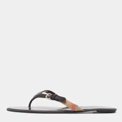 Burberry Black Leather and Canvas Masie Belted Check Thong Sandals Size 40