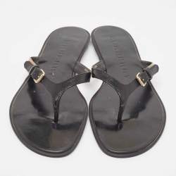 Burberry Black Leather and Canvas Masie Belted Check Thong Sandals Size 40