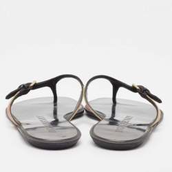 Burberry Black Leather and Canvas Masie Belted Check Thong Sandals Size 40