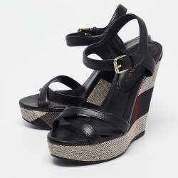 Burberry Black Canvas and Leather Walmer Wedge Sandals Size 36