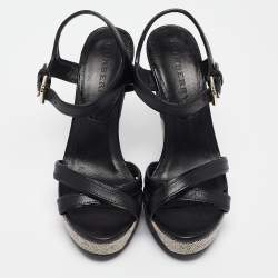 Burberry Black Canvas and Leather Walmer Wedge Sandals Size 36