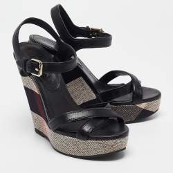 Burberry Black Canvas and Leather Walmer Wedge Sandals Size 36