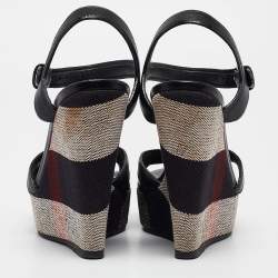 Burberry Black Canvas and Leather Walmer Wedge Sandals Size 36