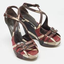 Burberry Multicolor Canvas and Leather Check Wedge Sandals Size 36