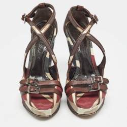 Burberry Multicolor Canvas and Leather Check Wedge Sandals Size 36