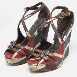 Burberry Multicolor Canvas and Leather Check Wedge Sandals Size 36