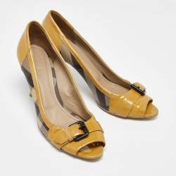 Burberry Tricolor Patent and Nova Check Canvas Peep Toe Pumps Size 40