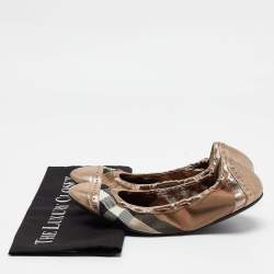 Burberry Bronze Leather and House Check Canvas Southwark Studded Scrunch Ballet Size 40