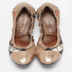 Burberry Bronze Leather and House Check Canvas Southwark Studded Scrunch Ballet Size 40