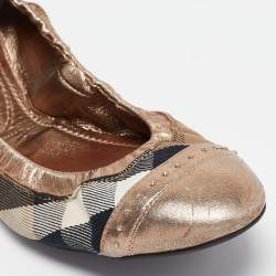 Burberry Bronze Leather and House Check Canvas Southwark Studded Scrunch Ballet Size 40