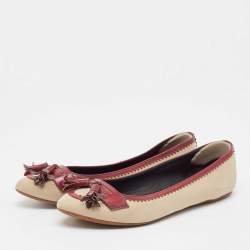 Burberry Beige/Burgundy Fabric and Leather Tassel Bow Ballet Flats Size 38.5