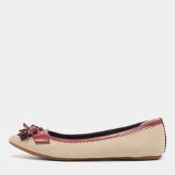 Burberry Beige/Burgundy Fabric and Leather Tassel Bow Ballet Flats Size 38.5