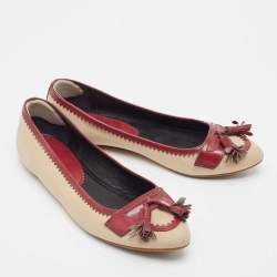 Burberry Beige/Burgundy Fabric and Leather Tassel Bow Ballet Flats Size 38.5