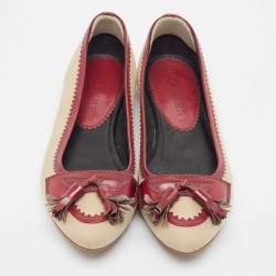 Burberry Beige/Burgundy Fabric and Leather Tassel Bow Ballet Flats Size 38.5