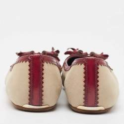 Burberry Beige/Burgundy Fabric and Leather Tassel Bow Ballet Flats Size 38.5