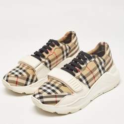 Pre Owned Burberry Brown Canvas and Leather Lace Up Sneakers Size 41