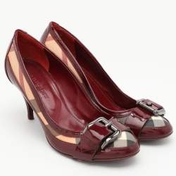 Burberry Burgundy Patent Leather and Coated Canvas Buckle Detail Pumps Size 37