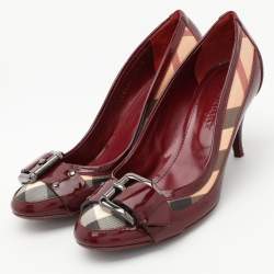 Burberry Burgundy Patent Leather and Coated Canvas Buckle Detail Pumps Size 37