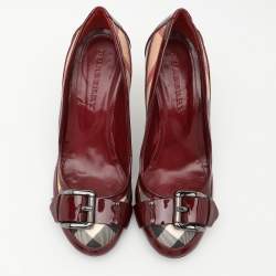 Burberry Burgundy Patent Leather and Coated Canvas Buckle Detail Pumps Size 37