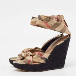 Pre Owned Burberry Brown/Beige Canvas and Leather Wedge Sandals Size 40
