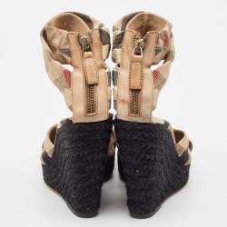 Pre Owned Burberry Brown/Beige Canvas and Leather Wedge Sandals Size 40