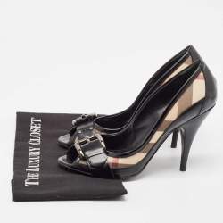 Pre Owned Burberry Black Canvas and Patent Leather Peep Toe Pumps Size 39