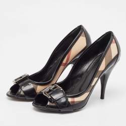 Pre Owned Burberry Black Canvas and Patent Leather Peep Toe Pumps Size 39