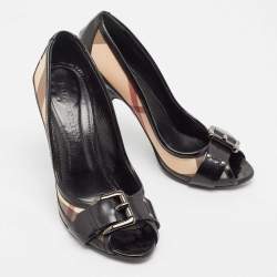 Pre Owned Burberry Black Canvas and Patent Leather Peep Toe Pumps Size 39