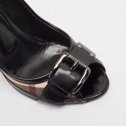 Pre Owned Burberry Black Canvas and Patent Leather Peep Toe Pumps Size 39