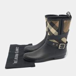 Burberry Beige/Black House Check Canvas and Rubber Rain Boots Size 37