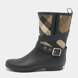 Burberry Beige/Black House Check Canvas and Rubber Rain Boots Size 37