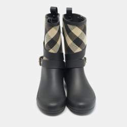 Burberry Beige/Black House Check Canvas and Rubber Rain Boots Size 37
