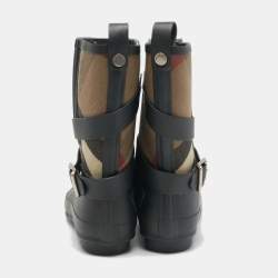 Burberry Beige/Black House Check Canvas and Rubber Rain Boots Size 37