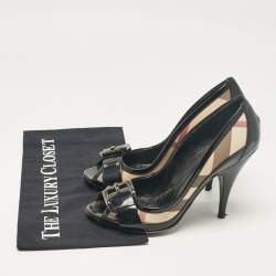 Burberry Beige Patent Leather and Canvas Peep Toe Pumps Size 38