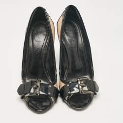 Burberry Beige Patent Leather and Canvas Peep Toe Pumps Size 38